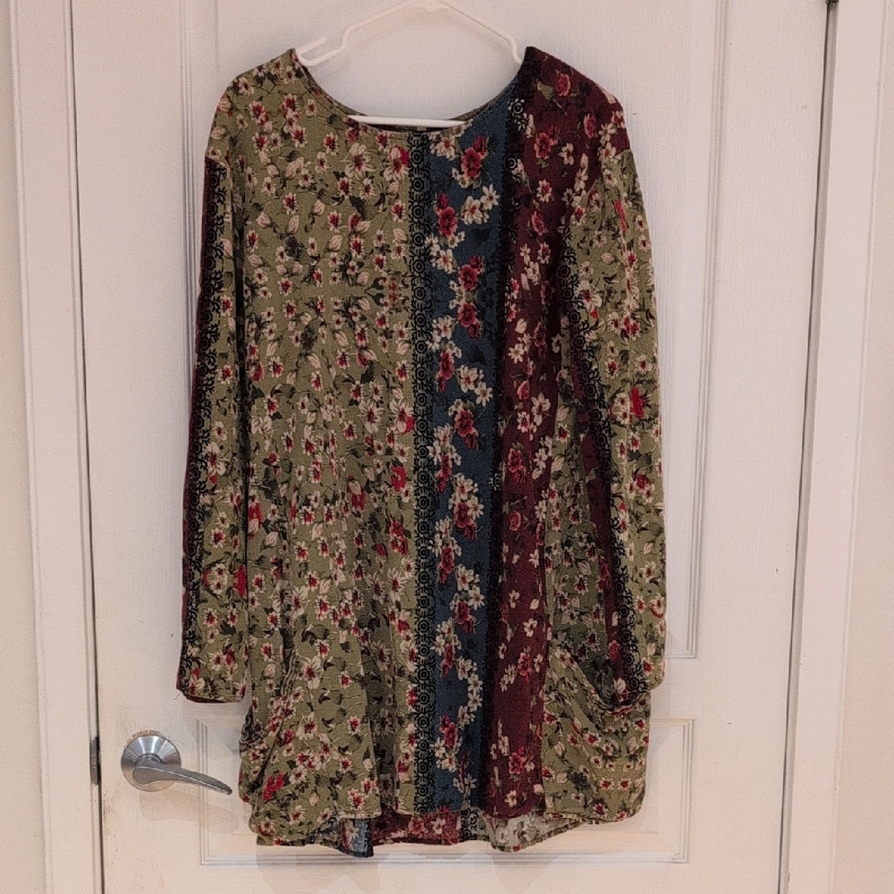 Boho Patchwork Floral Tunic Dress/Top - Flowy -  Long Sleeve